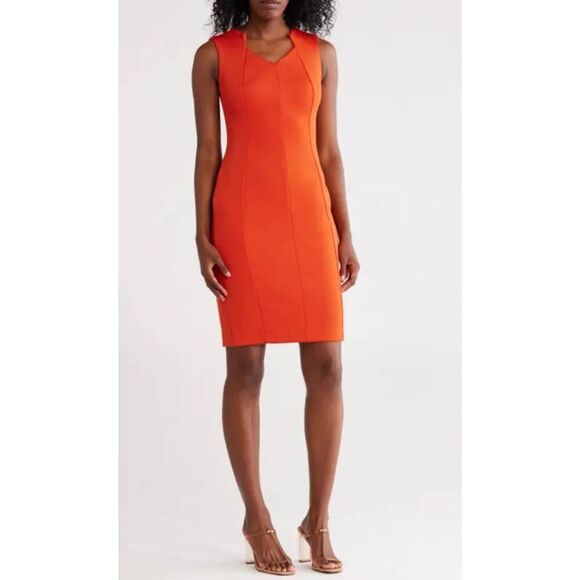 Calvin Klein Women Orange Sleeveless Notched Neckline Sheath Dress Size 12P - Picture 1 of 10